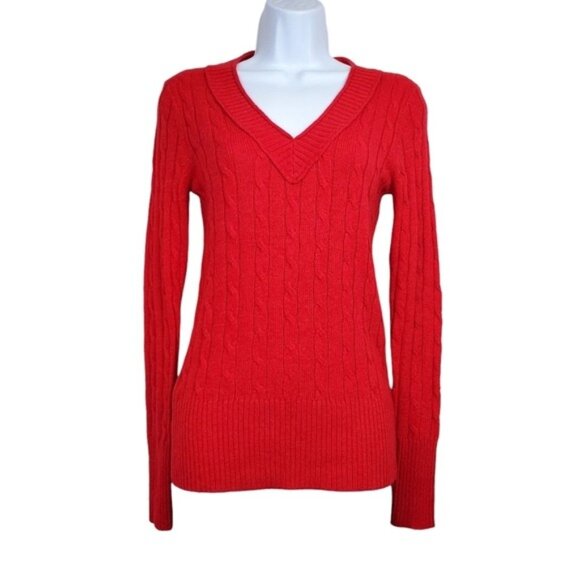 Loft Womens Long Sleeve Red V-Neck Wool Blend Cable Knit Sweater Size XS NWT - Picture 1 of 6